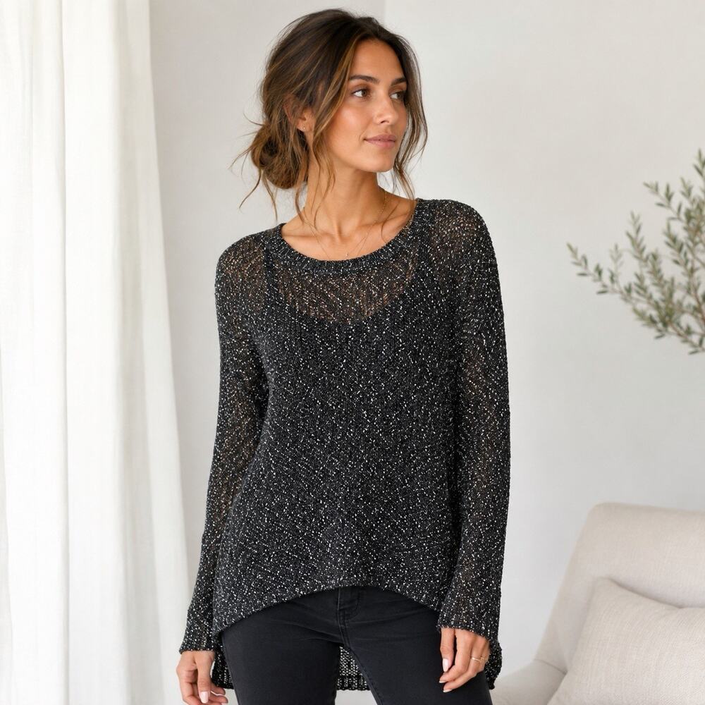 Eileen Fisher XS Black Ivory Speckled Tweed Cotton Linen Open Knit Sweater Tunic
